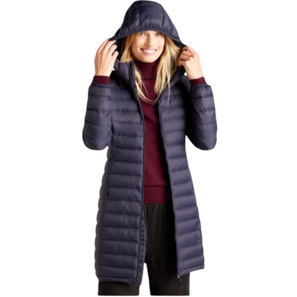 Quince Lightweight Down Packable Long Puffer Jacket Navy Large